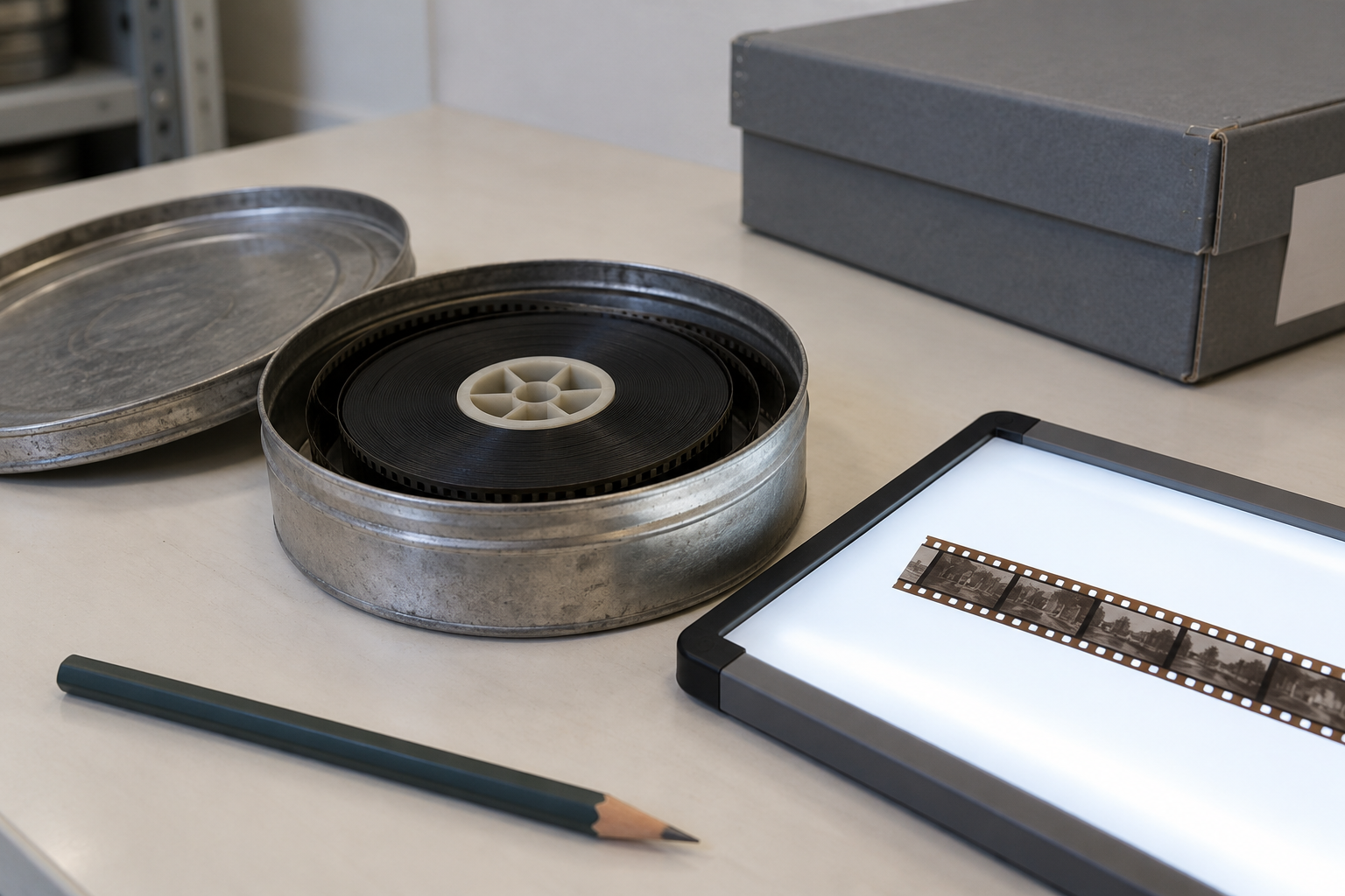 Filmblik en los filmfragment op een gewone inspectietafel.