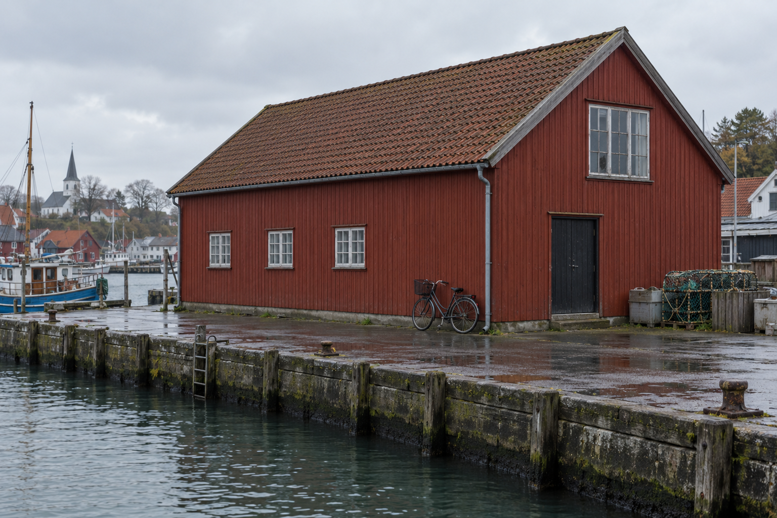 Fictief rood houten zeilloft aan een gewone Deense havenkade bij bewolkt daglicht.
