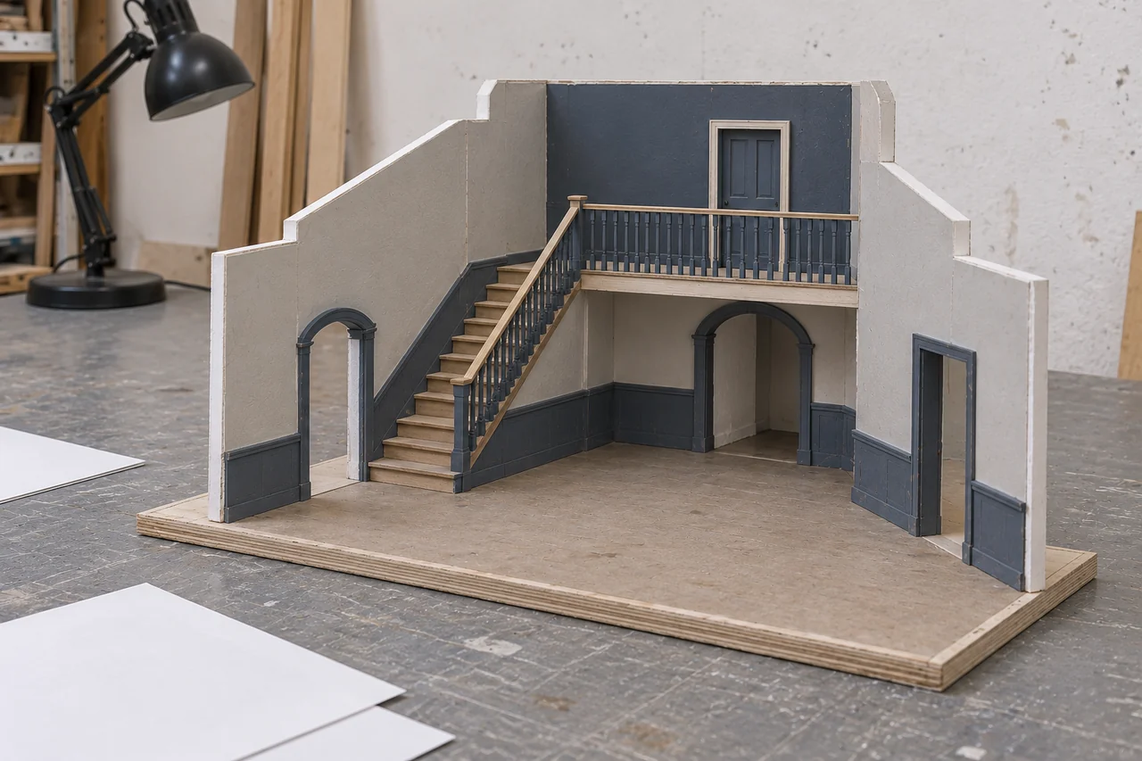 Een handgemaakte decormaquette op een houten grondplaat, met trap, bogen en een bordes, op een grijze werktafel.